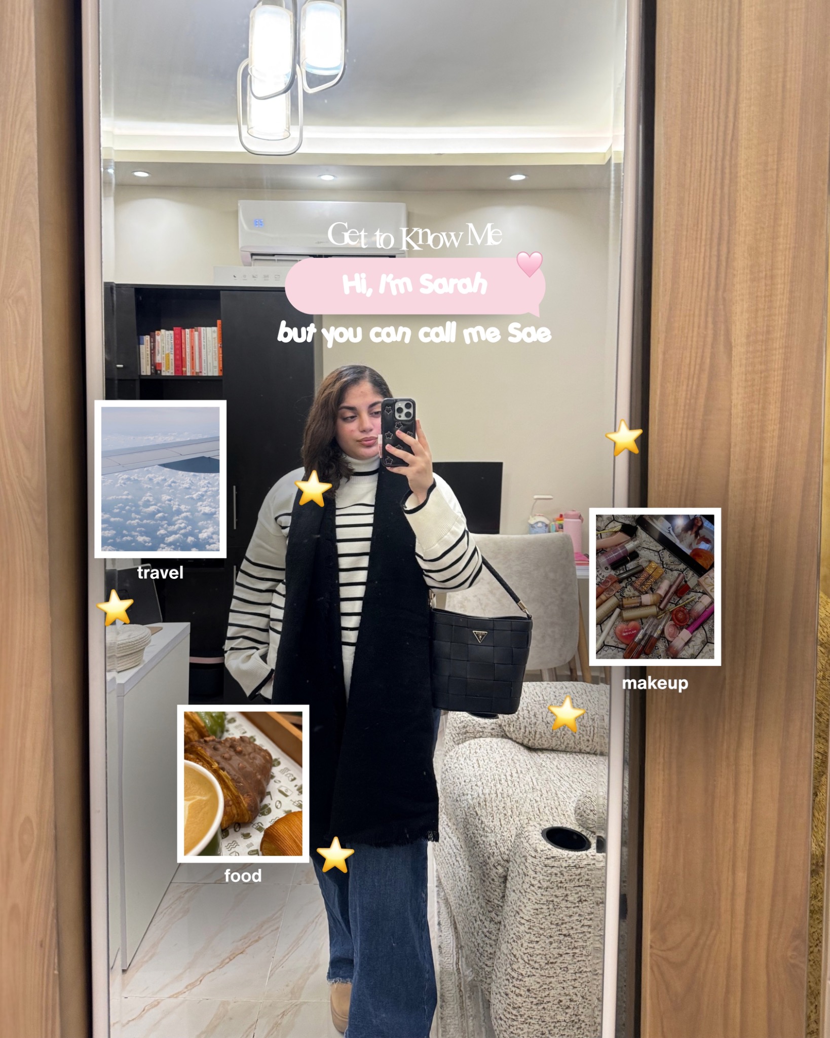 Get to Know Me carousel cover introducing Sarah and her interests in travel, makeup and food