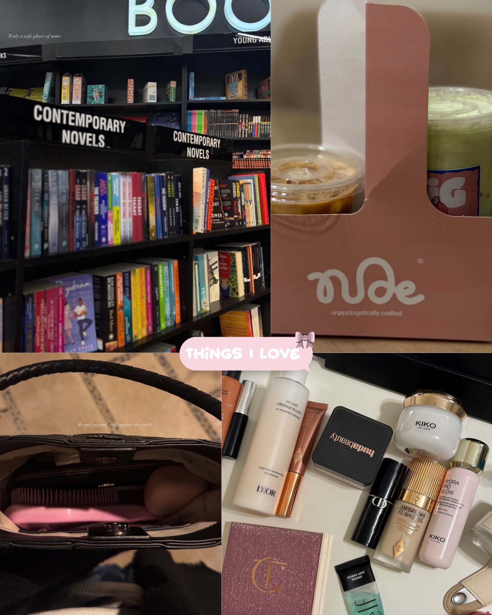 Things I Love carousel slide featuring books, drinks, a handbag and makeup