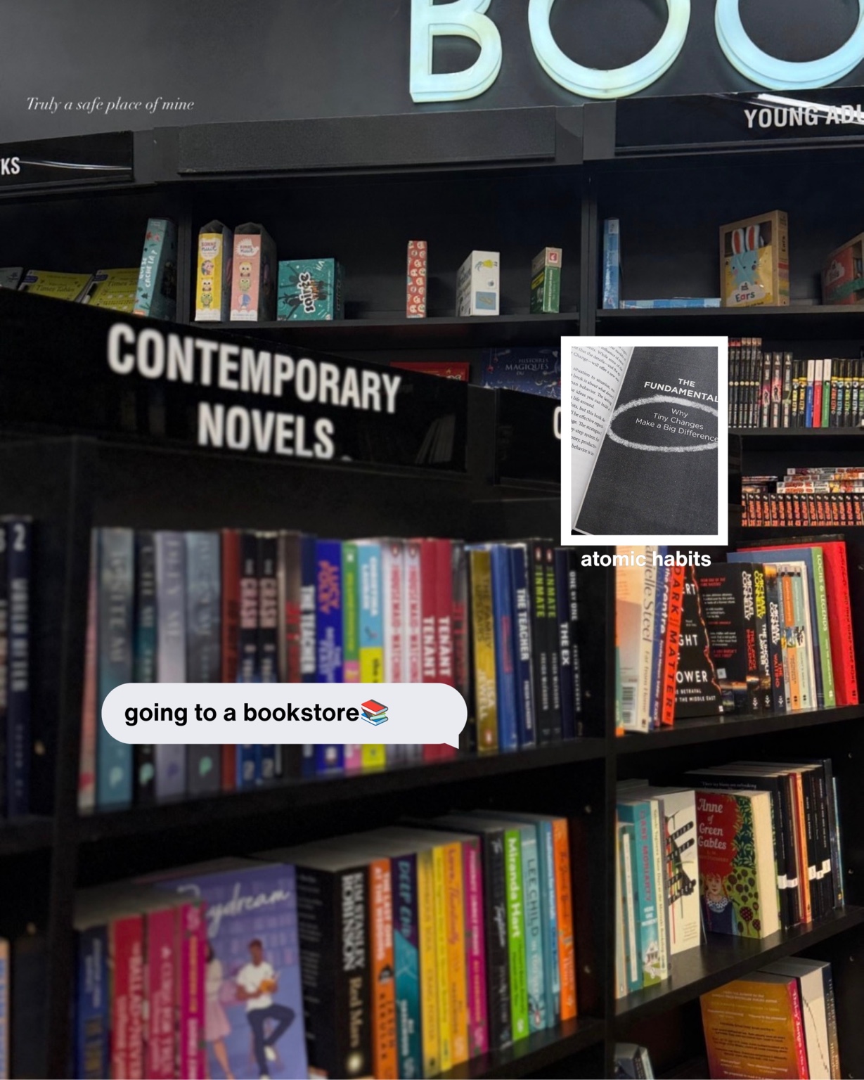 Bookstore carousel slide with shelves of books and an Atomic Habits inset