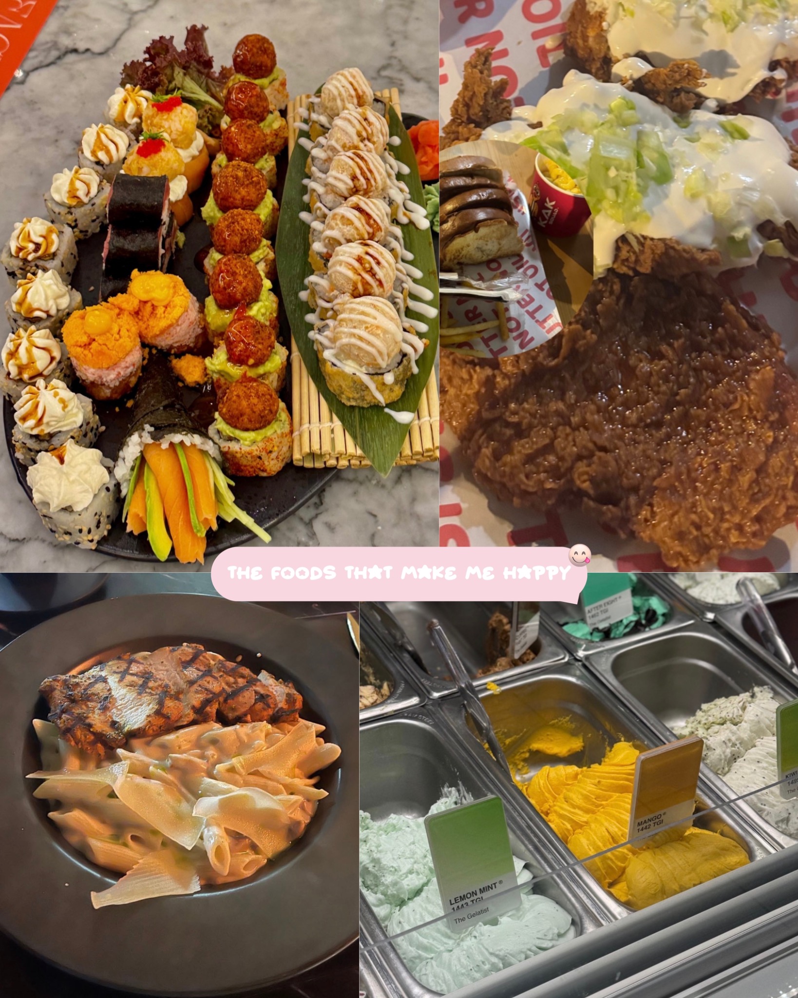 Food-themed carousel slide featuring sushi, fried chicken, pasta and gelato