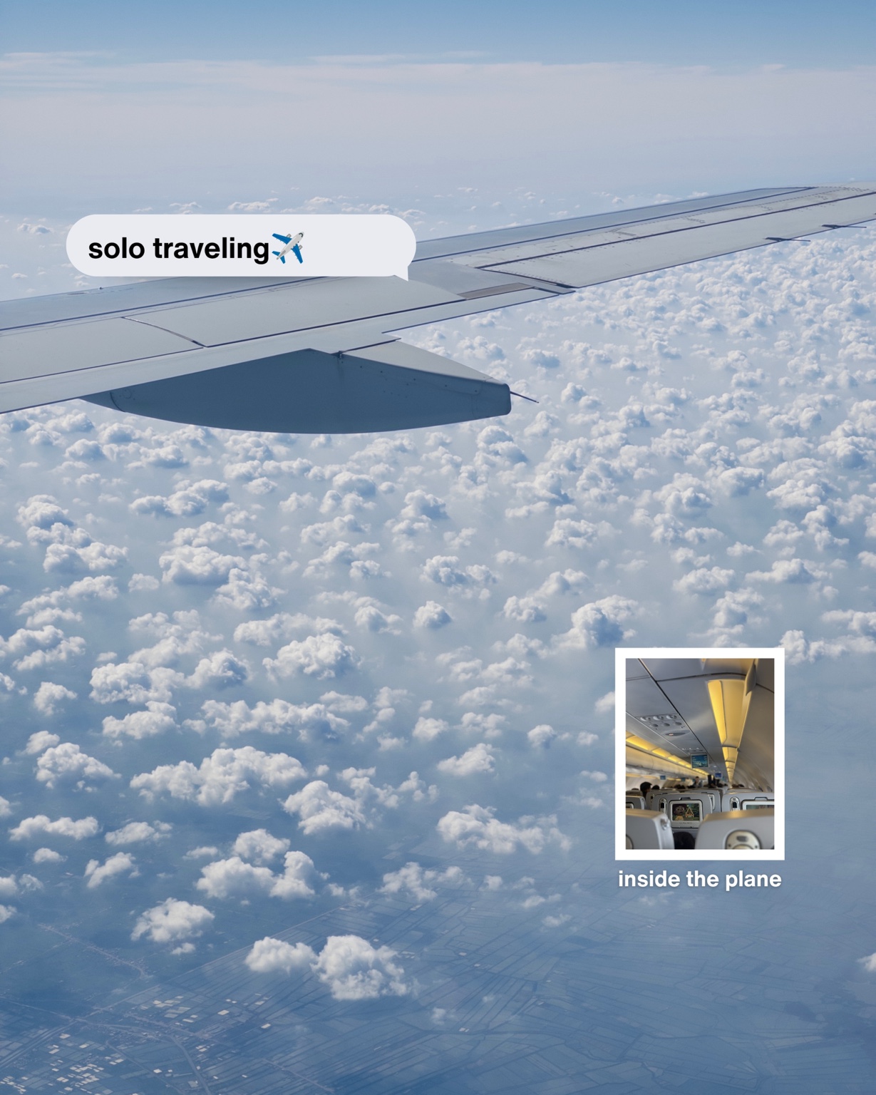 Solo travel carousel slide showing an airplane wing above clouds
