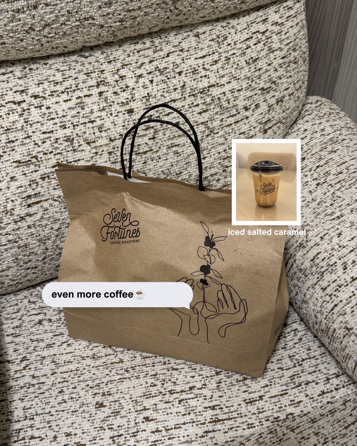 Coffee carousel slide featuring a Seven Fortunes bag and iced salted caramel inset