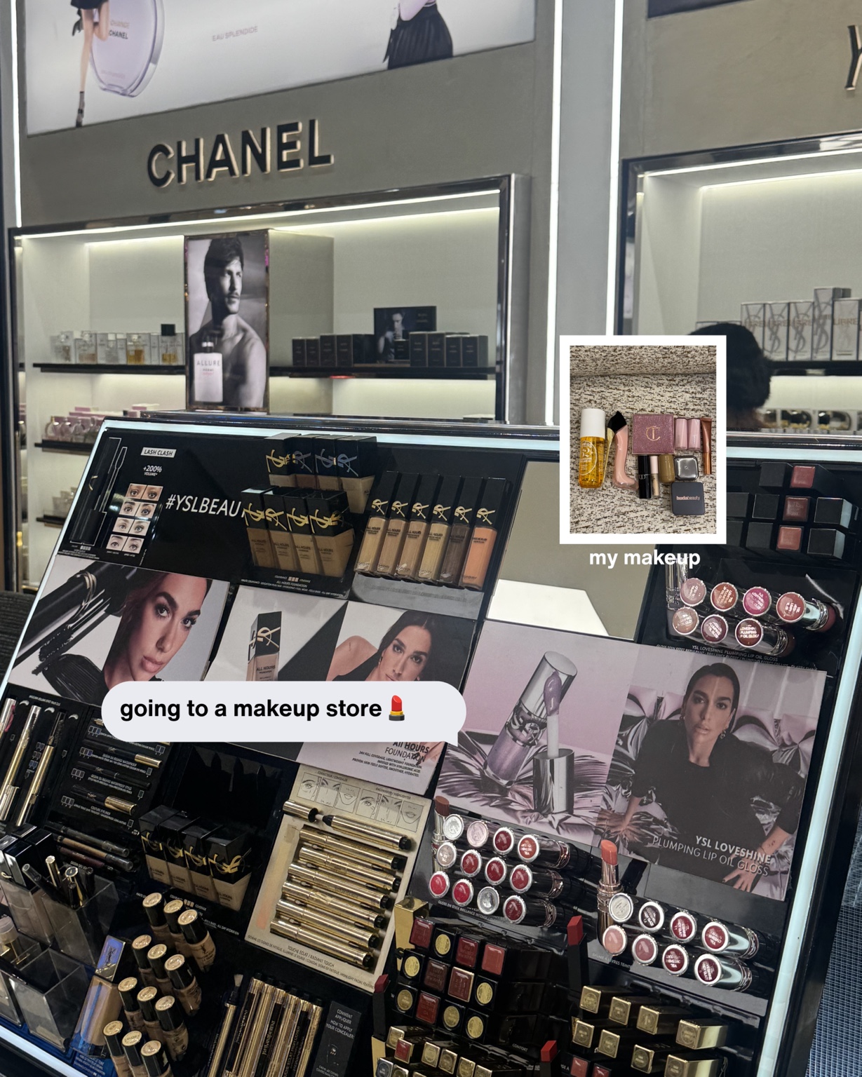 Beauty carousel slide showing a makeup counter with a personal makeup collection inset