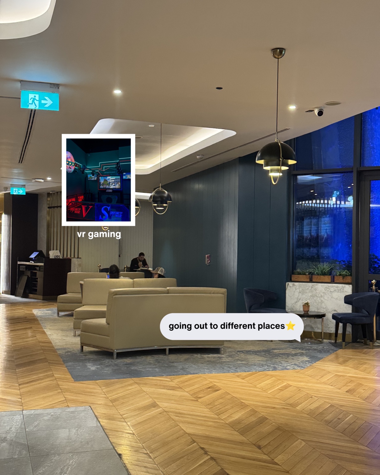 Lifestyle carousel slide about visiting different places with an inset VR gaming photo