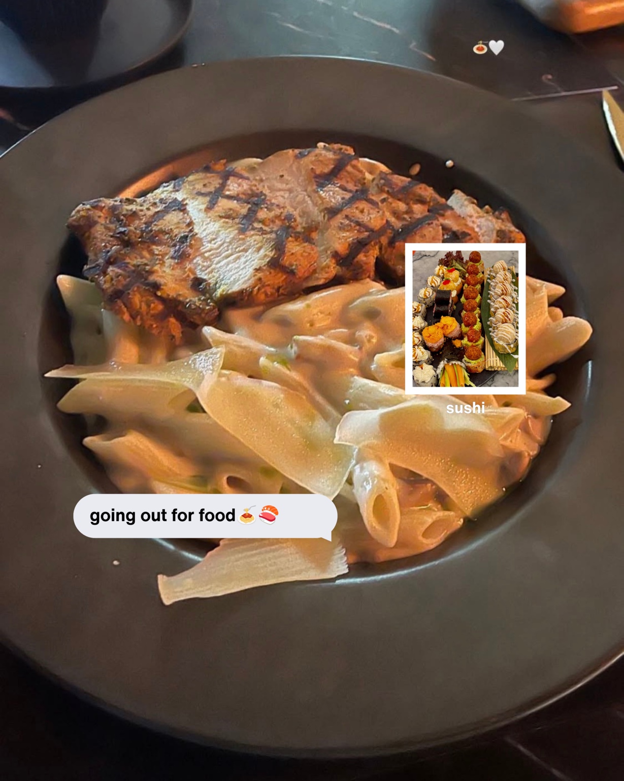 Food carousel slide featuring pasta and grilled chicken with a sushi inset
