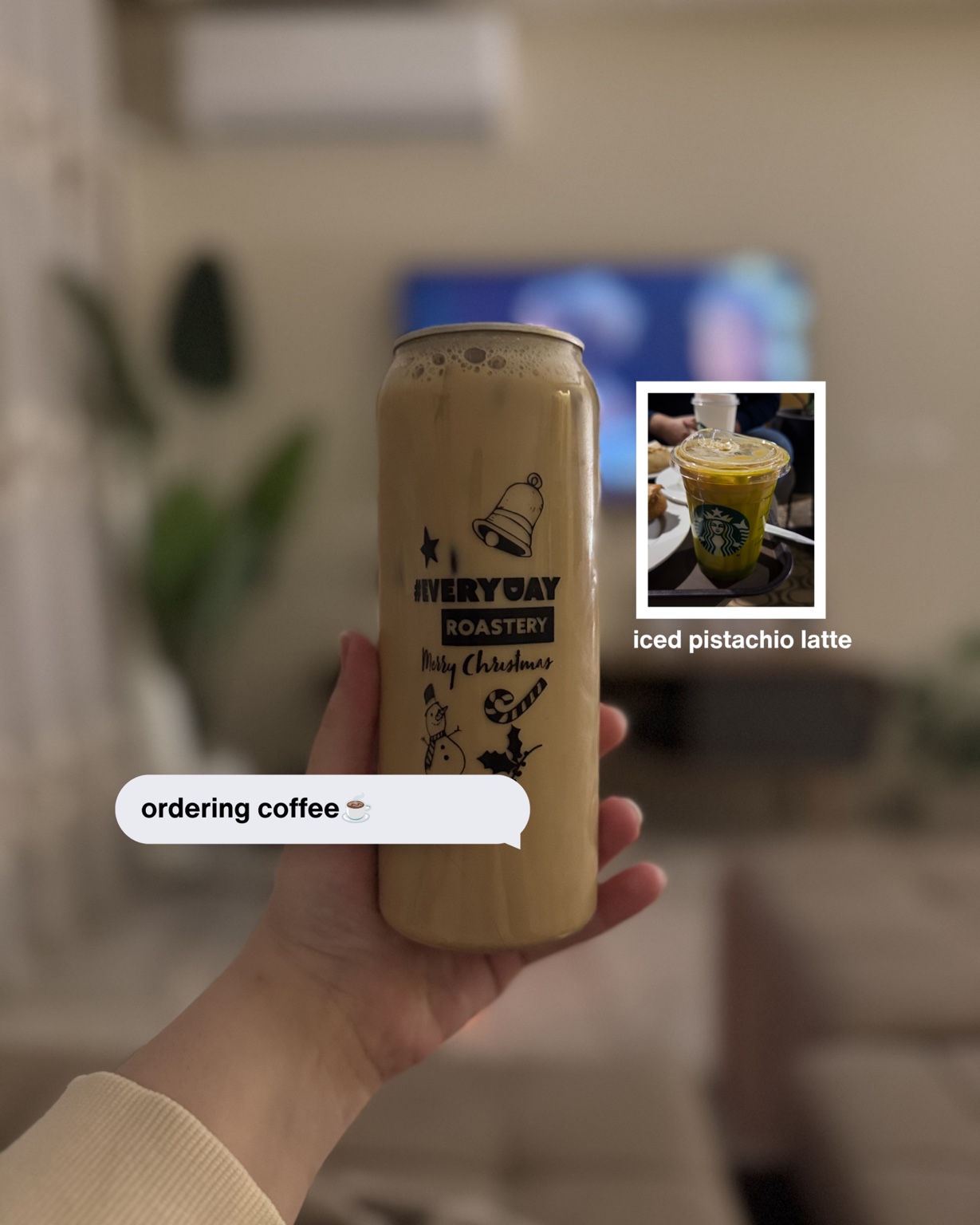 Coffee carousel slide showing a canned latte with an iced pistachio latte inset
