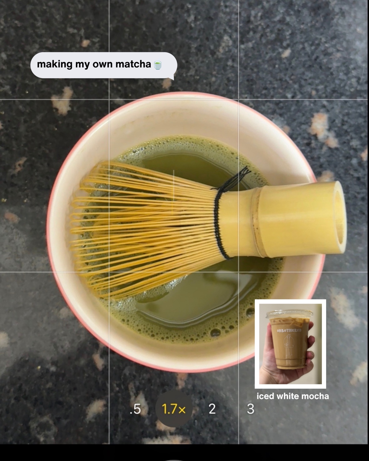 Making matcha lifestyle carousel slide with a bamboo whisk and inset coffee photo